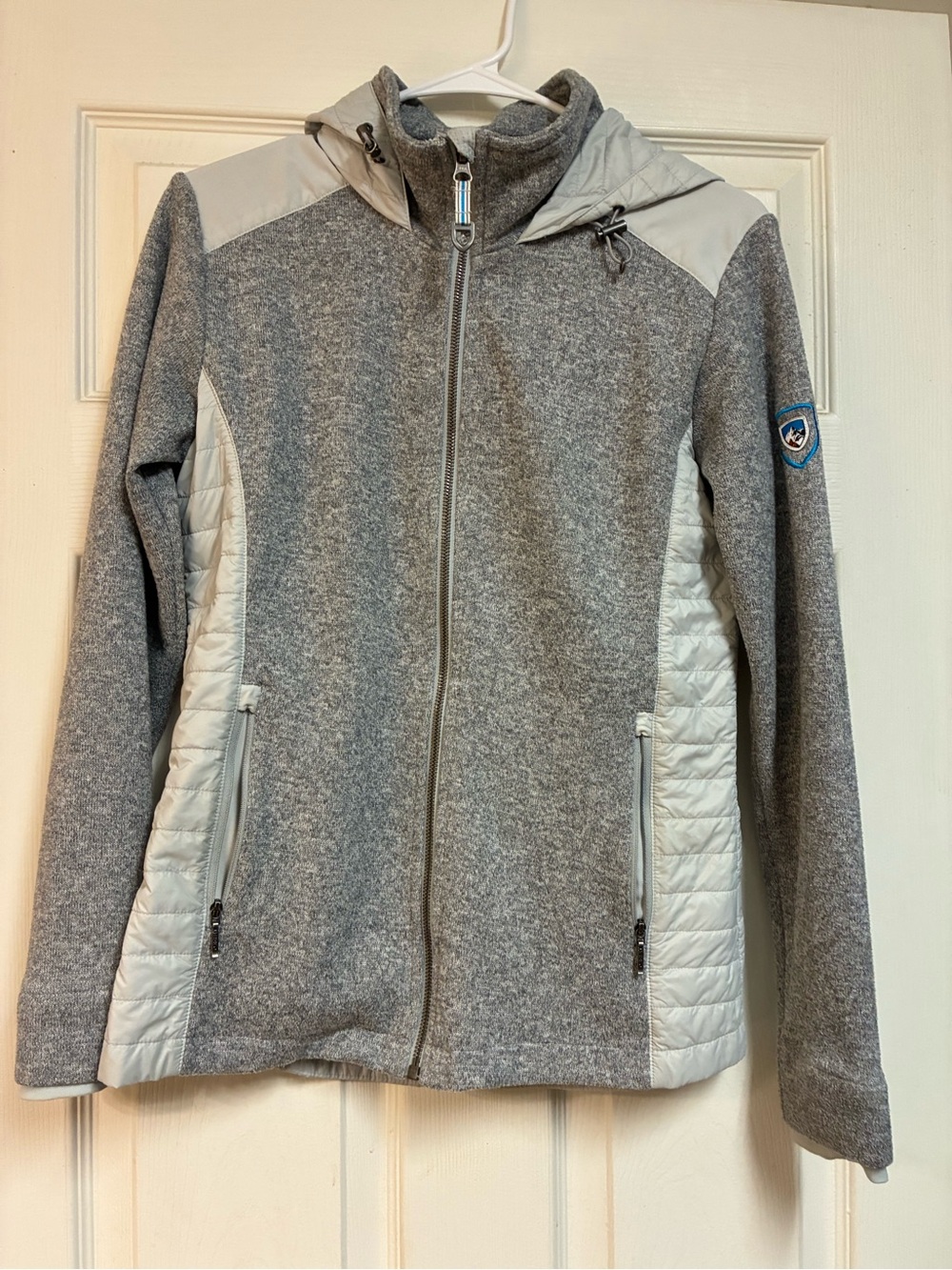 Kuhl Women's Gray Hooded Hybrid Utility Jacket with thumb holes